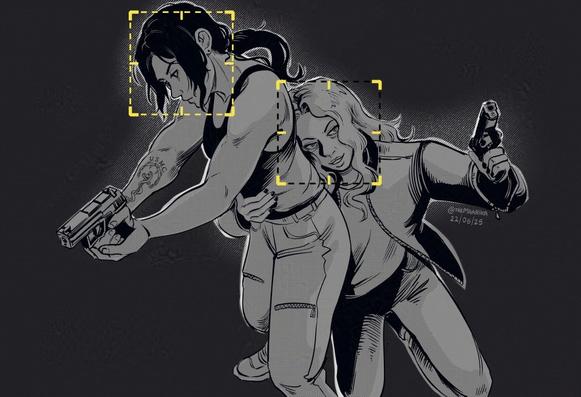 Grayscale fanart of Root and Shaw from Person of Interest. Shaw is aiming her gun and looking away while Root is holding and arm around Shaw's abs and pointing her gun up and looking at camera while smiling.