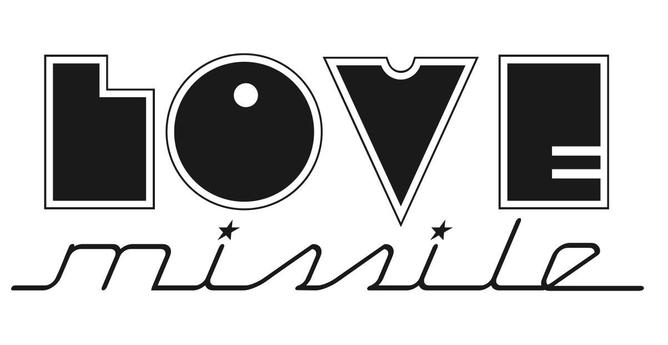 The image features the word "LOVE" in a stylized, bold font, with each letter uniquely designed. The letter "L" is a black square with a white outline, the "O" is a black circle with a white dot in the center, the "V" is a black triangle with a white outline, and the "E" is a black rectangle with a white outline and two horizontal lines inside. Below "LOVE," the word "missile" is written in a cursive, flowing script. The overall design is monochromatic, using only black and white, with a clean and modern aesthetic. The word "LOVE" is emphasized by its bold, blocky style, while "missile" adds a contrasting, elegant touch.
