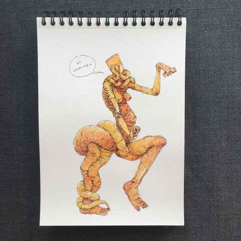 Foto de una libreta de espiral con un dibujo en acuarela y tinta de una criatura humanoide amarilla con tentáculos con el cabello de Bart Simpson, tentaculos salen de su rostro y le tapan la cara