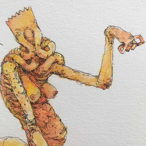 Detalle de un dibujo en acuarela y tinta de una criatura humanoide amarilla con tentáculos con el cabello de Bart Simpson, tentaculos salen de su rostro y le tapan la cara