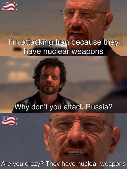 2 Männer, die miteinander reden. Aus einer Breaking Bad - Szene:
Men 1: I'm attacking Iran because they
have nuclear weapons!
Men 2: Why don't you attack Russia?
Men 1: Are you crazy? They have nuclear weapons!

P. S. Ich hoffe, ihr versteht den whole point darin :-)