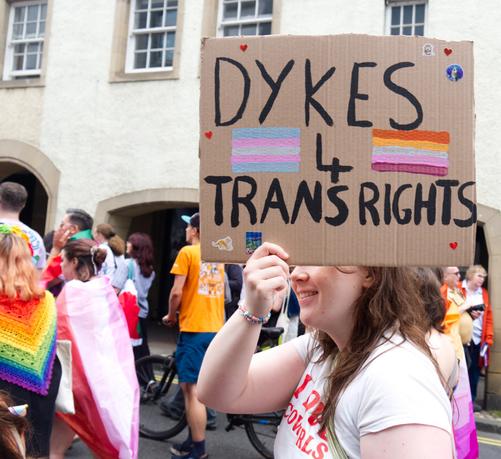 A colour photograph of a Pride marcher holding a handmade placard which reads "DYKES 4 TRANS RIGHTS". It is decorated with small red hearts and hand-painted representations of the transgender pride flag and the lesbian pride flag.

The placard obscures most of the face of the person holding it, except for their nose, mouth and hair. The mouth is smiling broadly. Their hand is holding the placard.

To the left are two marchers draped in different Pride flags, and there are other marchers all around. In the background is an old build with arches.