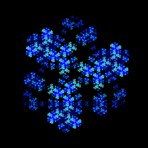 Fractal made of triangles in shades of blue, over black background.