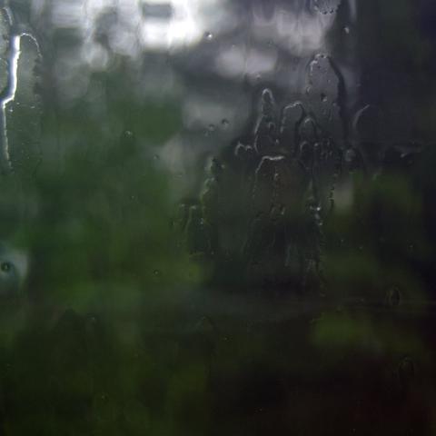 Blurry raindrops on a window with an out-of-focus green and gray background.
