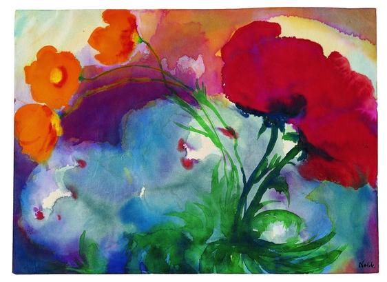 a painting of an assortment of somewhat abstract flowers in intense watercolors, all the colors of the rainbow represented