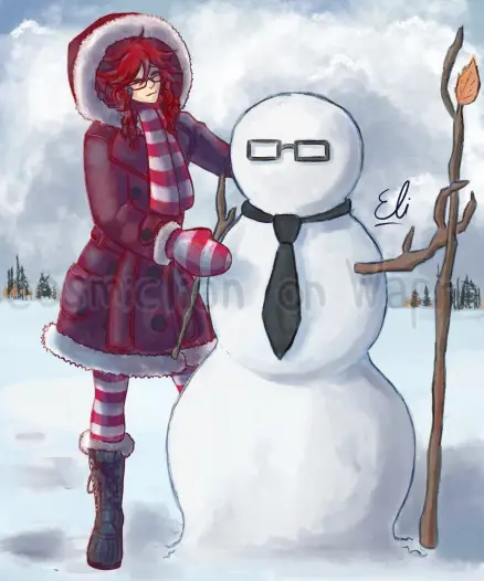 Digital fully rendered illustration of Grell Sutcliff from Black Butler. She is outside on a cloudy snowy day. She is wearing a long red coat with white fluff on the hood, a red and white striped scarf, red and white striped mittens, red and white striped pants and long black boots with white fluff. She is building a snowman that has glasses and a black tie like William T. Spears. Some pinetrees can be seen far in the background.