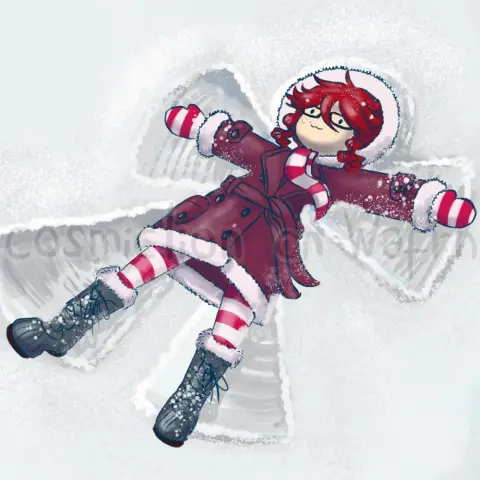 Digital fully rendered illustration of Grell Sutcliff from Black Butler, drawn in chibi style. She is wearing the same outfit as in the first image. She is lying on her back making a snow angel.