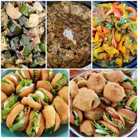 Collage of vibrant dishes: spiced roasted zucchini, eggplant stew, colorful bell peppers with herbs and tomatoes salad, and two plates of stuffed mini sandwiches with lettuce, eggs, tomatoes, green olives & mackerel.