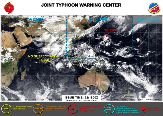 ABPW10 PGTW 221500
MSGID/GENADMIN/JOINT TYPHOON WRNCEN PEARL HARBOR HI//
SUBJ/SIGNIFICANT TROPICAL WEATHER ADVISORY FOR THE WESTERN AND SOUTH 
PACIFIC OCEANS REISSUED/221500Z-230600ZJUN2025//
REF/A/MSG/JOINT TYPHOON WRNCEN PEARL HARBOR HI/221351ZJUN2025//
AMPN/REF A IS A TROPICAL CYCLONE WARNING.//
RMKS/
1. WESTERN NORTH PACIFIC AREA (180 TO MALAY PENINSULA):
   A. TROPICAL CYCLONE SUMMARY:
      (1) AT 22JUN25 1200Z, TROPICAL DEPRESSION 02W (TWO) WAS LOCATED 
NEAR 23.2N 145.9E, APPROXIMATELY 270 NM EAST-SOUTHEAST OF IWO TO, AND 
HAD TRACKED NORTHWESTWARD AT 05 KNOTS OVER THE PAST SIX HOURS. MAXIMUM 
SUSTAINED SURFACE WINDS WERE ESTIMATED AT 30 KNOTS GUSTING TO 40 KNOTS. 
SEE REF A (WTPN31 PGTW 221500) FOR FURTHER DETAILS.
      (2) NO OTHER TROPICAL CYCLONES.
   B. TROPICAL DISTURBANCE SUMMARY:
      (1) THE AREA OF CONVECTION (INVEST 95W) PREVIOUSLY LOCATED NEAR 
22.8N 146.2E IS NOW THE SUBJECT OF A TROPICAL CYCLONE WARNING. SEE PARA. 
1.A.(1) FOR FURTHER DETAILS. 
      (2) NO OTHER SUSPECT AREAS.
   C. SUBTROPICAL SYSTEM SUMMARY: NONE.
2. SOUTH PACIFIC AREA (WEST COAST OF SOUTH AMERICA TO 135 EAST):
   A. TROPICAL CYCLONE SUMMARY: NONE.
   B. TROPICAL DISTURBANCE SUMMARY: NONE.
   C. SUBTROPICAL SYSTEM SUMMARY: NONE.
3. JUSTIFICATION FOR REISSUE: UPGRADED AREA IN PARA 1.B.(1) TO WARNING 
STATUS.////
NNNN