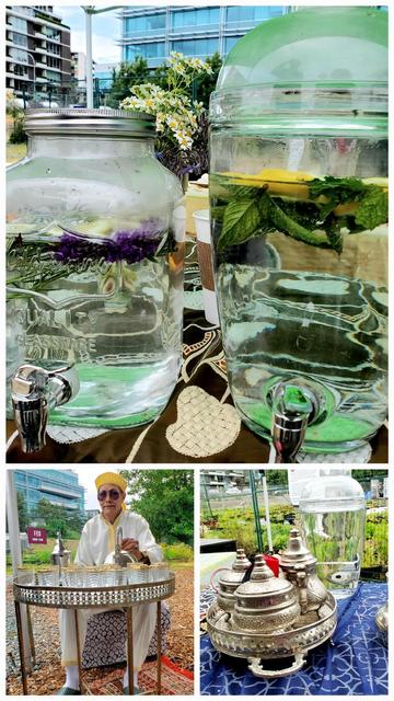 Collage of three images: Top shows glass jars of infused water with rosemary flowers & lemon & lemon & mint infused water. Bottom left has a person in traditional attire serving tea. Bottom right displays a set of ornate metal teapots on a tablecloth, conveying a cultural and refreshing outdoor setting.