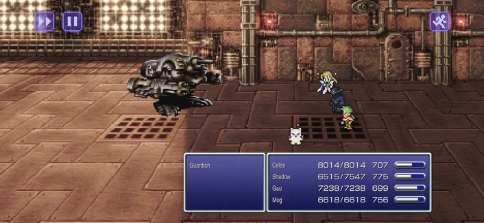 The scene is set in a dimly lit room filled with machinery. There are two characters, one on the left and one on the right. The character on the right appears to be controlling an unseen machine in the background. The screen displays an overlay indicating that the player has 1580 HP, 472 MP, and a level of 6. The characters name is visible as Cid.