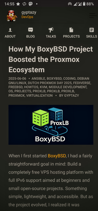 The image shows a mobile device screen displaying a blog post titled "How My BoxyBSD Project Boosted the Proxmox Ecosystem" by gyptazy, a DevOps professional. The post is dated 2025-06-06 and covers topics such as Ansible, BoxyBSD, coding, Debian GNU/Linux, and Proxmox. The post's content is about building a free VPS hosting platform with full IPv6 support, aimed at beginners and small open-source projects. The post's author, gyptazy, is represented by a cartoon penguin avatar. The blog post is part of a website with navigation options for About, Blog, Talks, Projects, and Skills. The image also includes a logo for BoxyBSD with the text "ProxLB BoxyBSD" and a brief excerpt from the post discussing the initial goal of the BoxyBSD project.

 Ovis2-8B

🌱 Energy used: 0.233 Wh