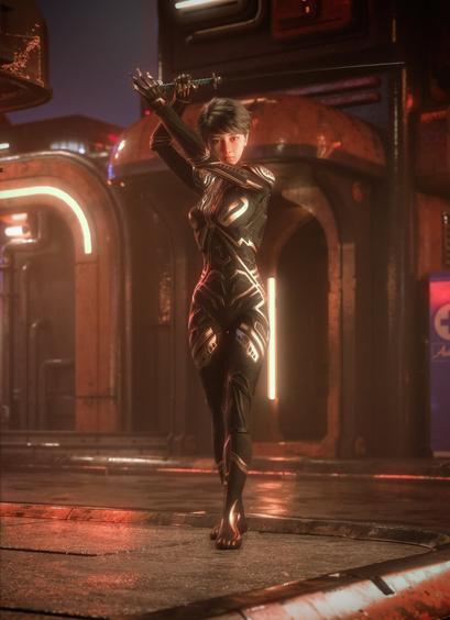 Description by LocalLLM: A young woman stands in a neon-lit cyberpunk city street at night, holding a katana with both hands raised above her right shoulder in a poised combat stance. Her short dark hair frames a calm, focused expression. She wears a sleek, form-fitting black bodysuit adorned with intricate golden circuit-like patterns that run across her arms, torso, and legs, suggesting advanced technology or cybernetic enhancements.

Her footwear is part of the suit—streamlined and armored, not bare—blending seamlessly with the design. The wet pavement beneath her reflects the surrounding orange and magenta neon lights. Behind her, metallic architecture, curved doorways, and glowing panels complete the high-tech urban atmosphere. The entire scene conveys a sense of elegance, discipline, and futuristic readiness.
