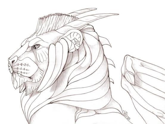 A pencil drawing showing the portrait of a Fantasy creature that is half Lion and half Dragon, with horns and bat like wings.