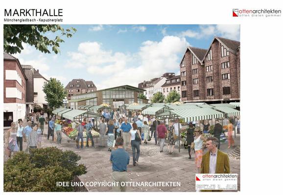 Architeckten Bild der Halle mit Wochenmarkt davor.