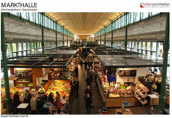 Generiertes Bild / Architekten Darstellung einer Halle mit Verkaufsständen.