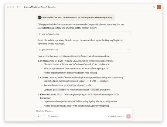 Screenshot of a chat interface showing a conversation with an AI assistant asking for the five most recent commits on the OsqueryMcpServer repository. The response includes a list of recent commits with dates and descriptions of changes made.