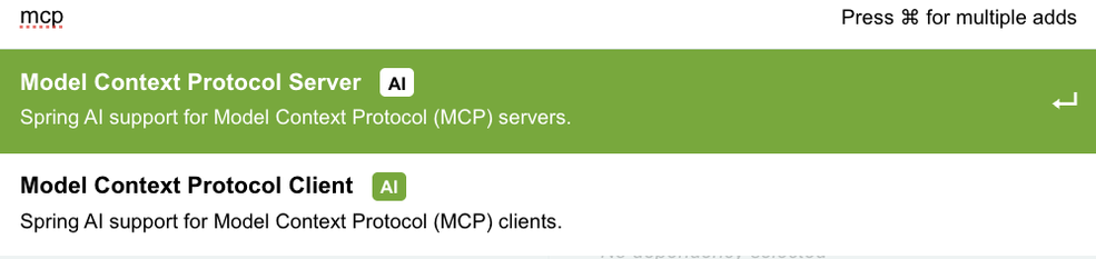 Screenshot displaying options for 'Model Context Protocol Server' and 'Model Context Protocol Client' with descriptions related to Spring AI support for both servers and clients.