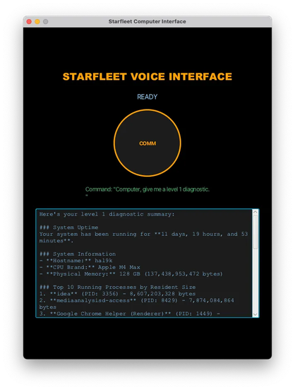A user interface design for a Starfleet voice command system displaying system diagnostics, including uptime, system information, and running processes.