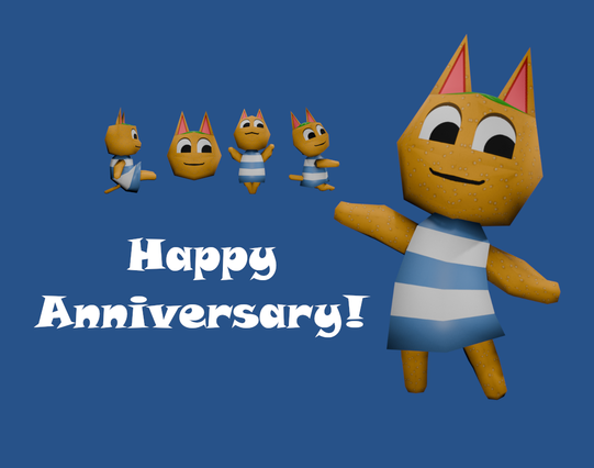 An anniversary card featuring Tangy from Animal Crossing. It reads, "Happy Anniversary!" Four small renders of Tangy in various poses vaguely spells out L-O-V-E.