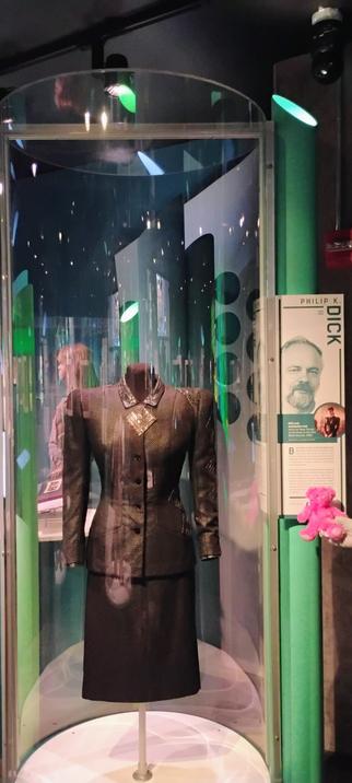 my hot pink small teddy bear plushie by the exhibit of rachael from blade runner's dress at mopop in seattle