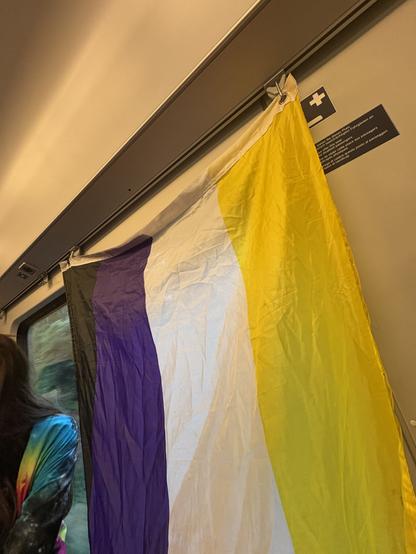 Eine Enby-Flagge wurde an Kleiderhaken als Gardine vor ein Zugfenster gehangen.