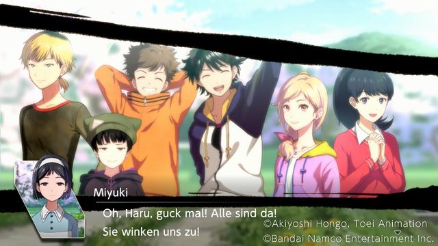 Screenshot aus Digimon Survive.
Dargestellt ist ein Ausschnitt in dem Kaito, Miu, Minoru, Takuma, Saki und Aoi zu sehen sind.
Miyuki spricht: Oh, Haru, guck mal! Alle sind da! Sie winken uns zu!