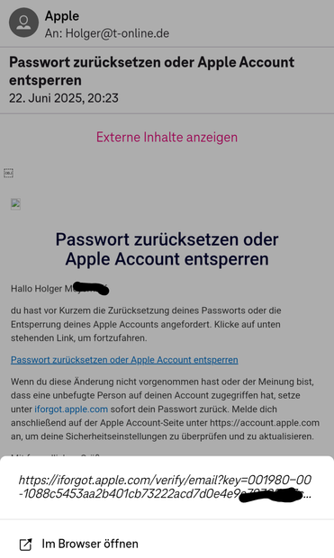 Screenshot of a supposed Apple email to “Holger@t-online.de” titled “Reset password or unlock Apple Account.” The message includes a link and urges password reset—possibly a phishing attempt.