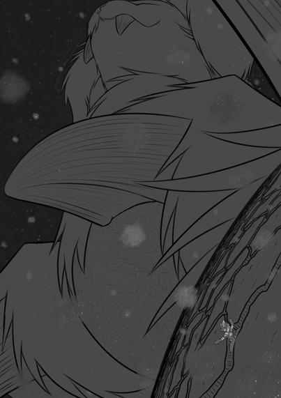 An extreme perspective shot of Fang the smilodon as viewed from his pawpads. Giving a very similar, yet vastly different view to the previous one.  Around him are entire omniverses. With Blue's character Xeo caught amongst it all.