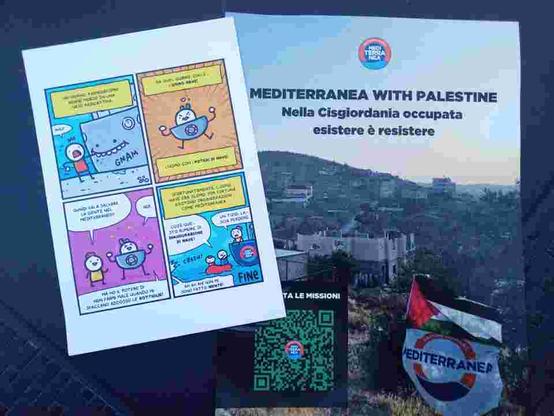 Vignetta di Sio e volantino di Mediterranea With Palestine
