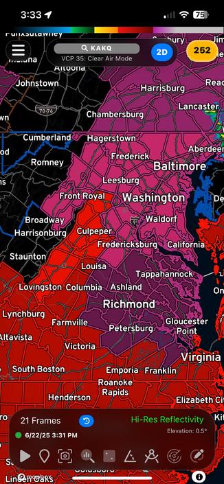 A weather radar map displaying various regions of the eastern United States, particularly highlighting areas around Virginia, Maryland, and Pennsylvania. The map features color-coded reflectivity levels, with shades of red and purple indicating heat watches and warnings.
