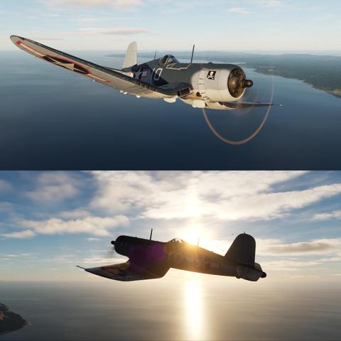 An aircraft flying over water, shown in two views: one with a clear sky and mountains in the background, and the other silhouetted against the sun and clouds. The plane features distinctive markings, including military insignia.