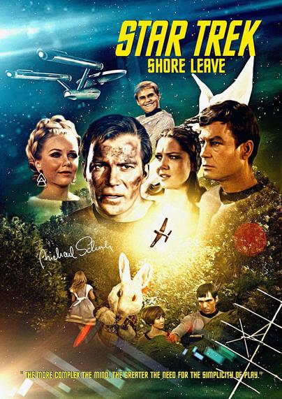 Description from artist Michael Schuh: The poster for the Star Trek episode “Shore Leave” prominently features Captain Kirk and Dr. McCoy, whose serious expressions and battle scars reflect the challenges of the episode. They are surrounded by Tonia Barrows, Lieutenant Esteban Rodriguez, Angela Martine, Cadet Finnegan, and Ruth, Kirk’s former love. At the bottom, Alice and the White Rabbit appear, emphasizing the surreal elements of the story.

The USS Enterprise hovers in the top left corner, while the color scheme transitions between cool blue-green tones for nature and warm accents for the fantasy world. The title in yellow lettering and the quote, “The more complex the mind, the greater the need for the simplicity of play,” highlight the essence of the episode.