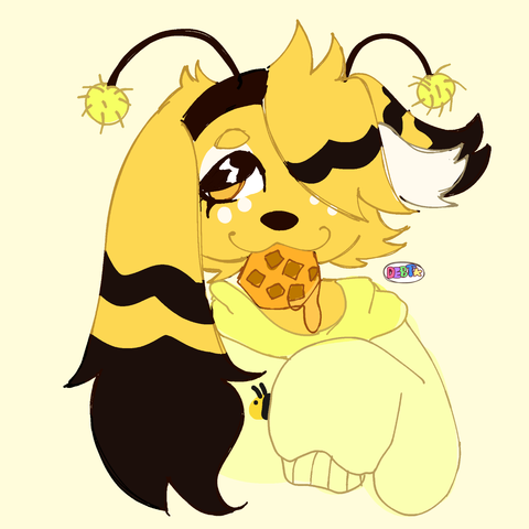 A drawing of a yellow bee-like dog. He his wearing a yellow sweater, comfortably baggy as he holds one paw in front of his chest. His left ear is long and droopy with two dark black stripes on them, but the other ear is flopped, much like a rabbit, with identical stripes and a soft white inner ear. He has a black headband with puffy antennae that resemble the ones of bugs. His hair swoops over hir right eye, also brandished with black stripes, and he smiles sweetly with hooded eyes as a dripping honeycomb is sitting in his mouth.