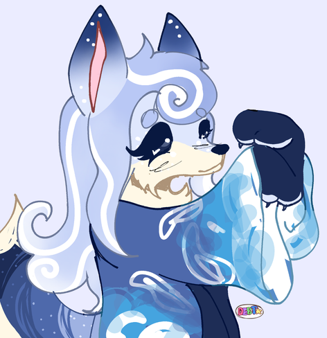 A drawing of a whimsical blue anthro fox. She has on a long flowing robe and beautiful curly locks fall from her head. The whole drawing is extremely blue. She has a sweet, in thought, look on her face as she holds her arms up, striking some sort of energy bearing marrionete holding. Her fur patterns resembles the fade of the stunning night sky and the ends of her robe have deep ocean waves cascading up them.