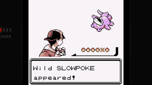 A screenshot from Pokémon Silver.
It shows that a wild SLOWPOKE has appeared.

The Slowpoke sprite appears to be laying on its back slightly, head tileted back looking at the trainer sprite. It arms and legs splayed out.