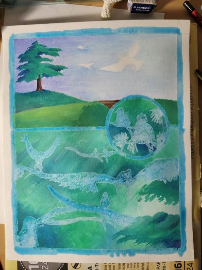Détail de la peinture : elle n'est pas finie mais est séparée en trois zones où les premières couleurs ont été posées, surtout des nuances de bleu-vert. De la gomme à masquer protège certaines zones