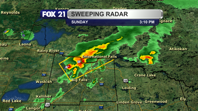 A view of the radar over Koochiching County in northern Minnesota at 3:10 p.m. on Sunday, June 22, 2025, shows a potential severe thunderstorms west of International Falls.  It is moving to the northeast at 55 p.m.  It has prompted a Severe Thunderstorm Warning until 4 p.m.