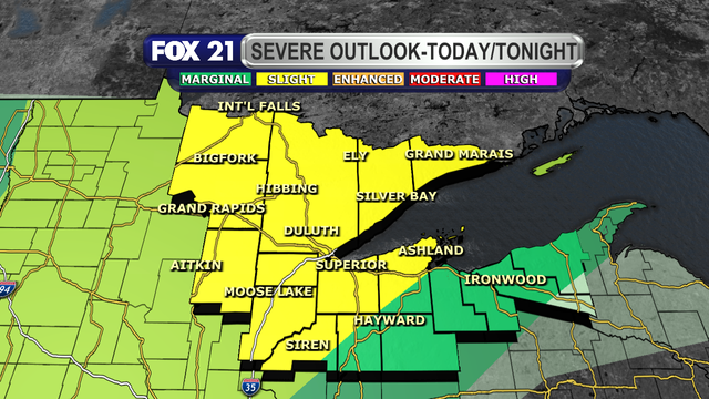 The Storm Prediction Center has placed nearly all of the Northland in a Slight risk for severe weather for Sunday, June 22, 2025, and Sunday night.  Only the locations east of Highway 63 in northwest Wisconsin and the Upper Peninsula, which is under a Marginal risk.  The severe weather threat will move from west to east the rest of today and tonight.
