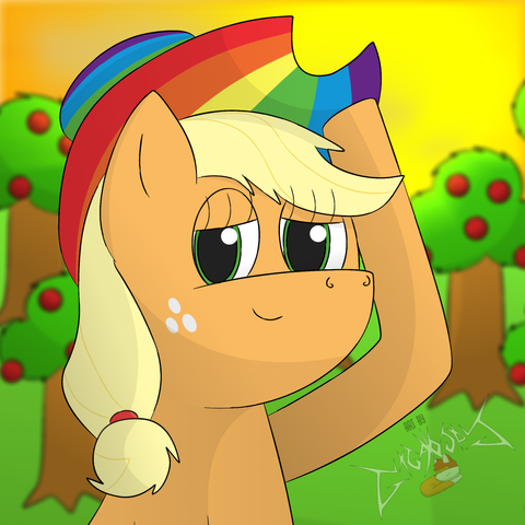 An illustration of Applejack from "My Little Pony: Friendship is Magic," wearing and tipping a rainbow-colored stetson. In the background you can see apple trees, as well as a sunset (or sunrise) in the distance.