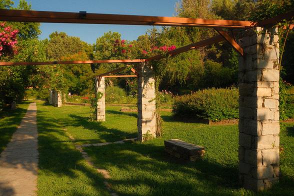 General view of a path in the botanical garden. There are stone pillars supporting wooden beans going above the path. There is also a place where you can sit in the grass. There a few flowers in the distance and on the pillars
