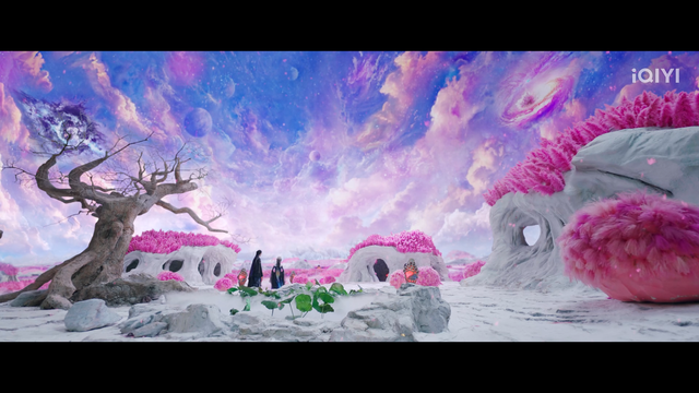 An otherworldly landscape where the ground is bright white, the feathery bushes are bubblegum pink, and the sky is pinkish blue. Houses are growing out of the ground like sad heffalumps, and lotus leaves are rising from a pond of smoke.