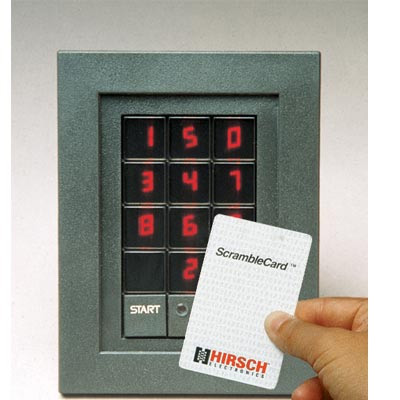 A Hirsch ScramblePad with a ScrambleCard access card being held up to it. The number pad for entering the pin is randomized with the numbers in order from the top-left to the bottom-right:
"1 5 0
3 4 X
8 6 X
-  2 X"

Three buttons are obscured, and one is blank.