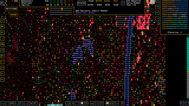 A screenshot of Dwarf Fortress. There's a pile of dead goblins at the north edge of the screen, and a newly-arrived goblin army in the south-west. The cursor highlights Båx Smurosta, goblin axeman.