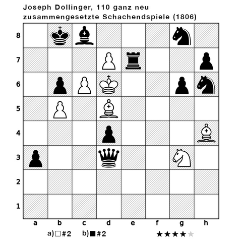 A chess board illustrating the starting position and instructions for the chess problem, "a) White to move and checkmate in two moves and then b) Black to move and checkmate in two moves." The chess pieces are arranged as follows: White - King: d6, Bishops: h4 d5, Knights: g3, pawns: b5 c6 d7; Black - King: b8, Queen: d3, Rooks: e7, Bishops: c8, Knights: h6 g8, pawns: a3 d4 b6 g6 h7.
