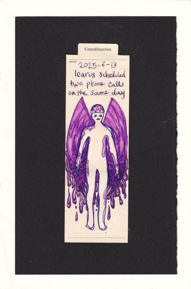 On a manilla bookmark, the human figure is traced in dark dark blue and has vibrant purple wings which are melting and dripping. some of the drippy ooze is on their body, including in their brainspace. The figure has eyes which are tightly shut and mouth in a tight frown.the dripping is rendered with undulating lines and is the location of the most contrast, drawing the eye down past the figure's legs.