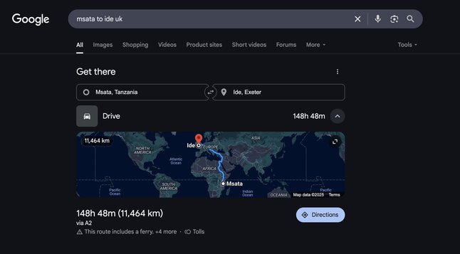google search for 'msata to ide uk' showing directions for driving from Msata, Tanzania, to Ide, Exeter, UK