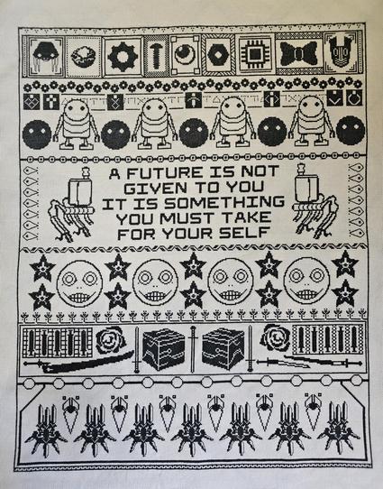 A finished cross stitch sampler made up of characters and items from Nier Automata, including the quote "A future is not given to you, it is something you must take for yourself."