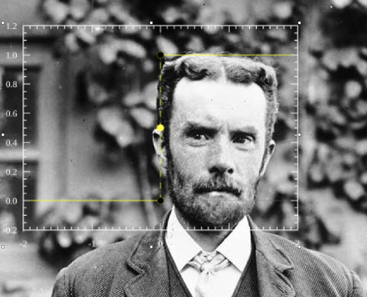 A photograph of Oliver Heaviside with a graph of the Heaviside step function overlaid on his rectangular face