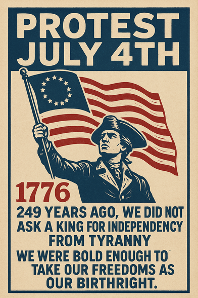 Vintage-style protest poster with bold navy and red text. At the top, it says 'PROTEST JULY 4TH' in large letters. Below is a Revolutionary War-era figure holding a Betsy Ross flag. The text reads: '1776. 249 years ago, we did not ask a king for independency from tyranny. We were bold enough to take our freedoms as our birthright.' The design uses a distressed patriotic color scheme on a parchment-like background.